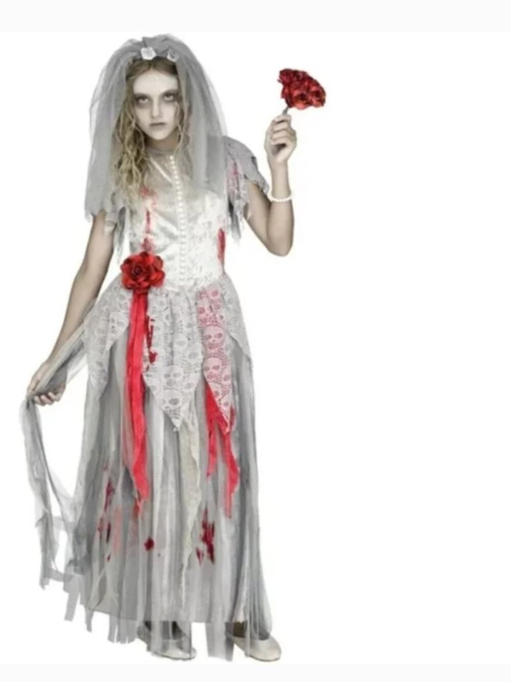Zombie Bride Halloween Costume 12/14 Silver Maxi Dress, Veil, Bouquet 3 Pc Girls